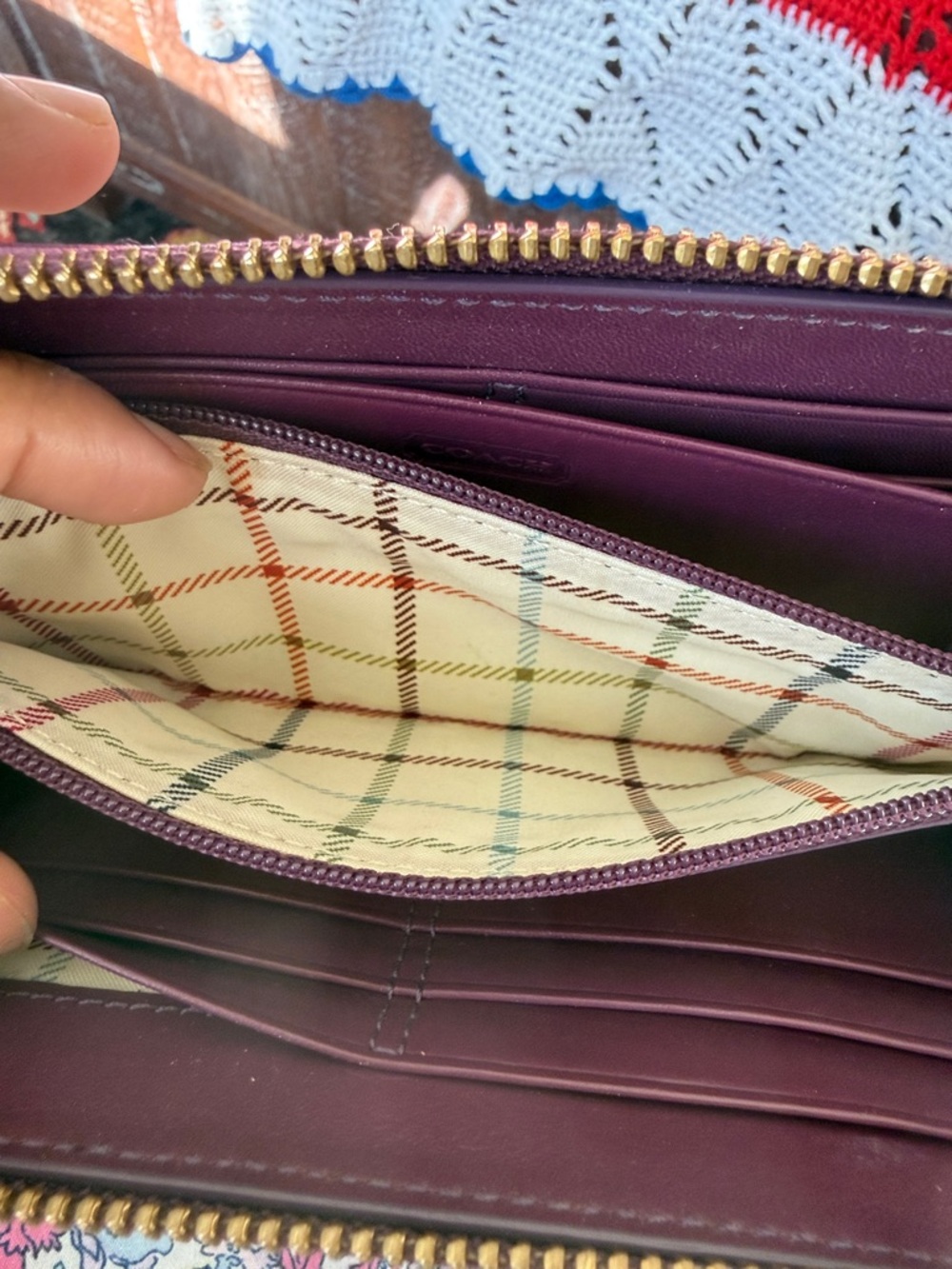 Coach Brown Signature Canvas Zip Wallet with Purple Trim - Picture 10 of 14